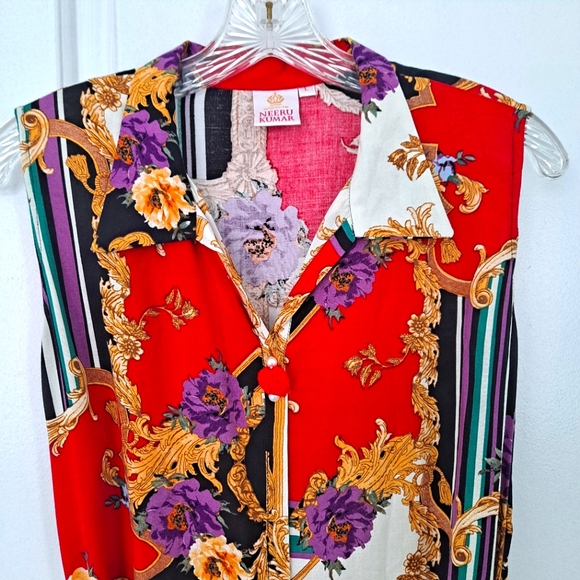 Neeru Kumar Midi Dress Pearl Buttons Sleeveless Red Black Gold - Picture 2 of 7